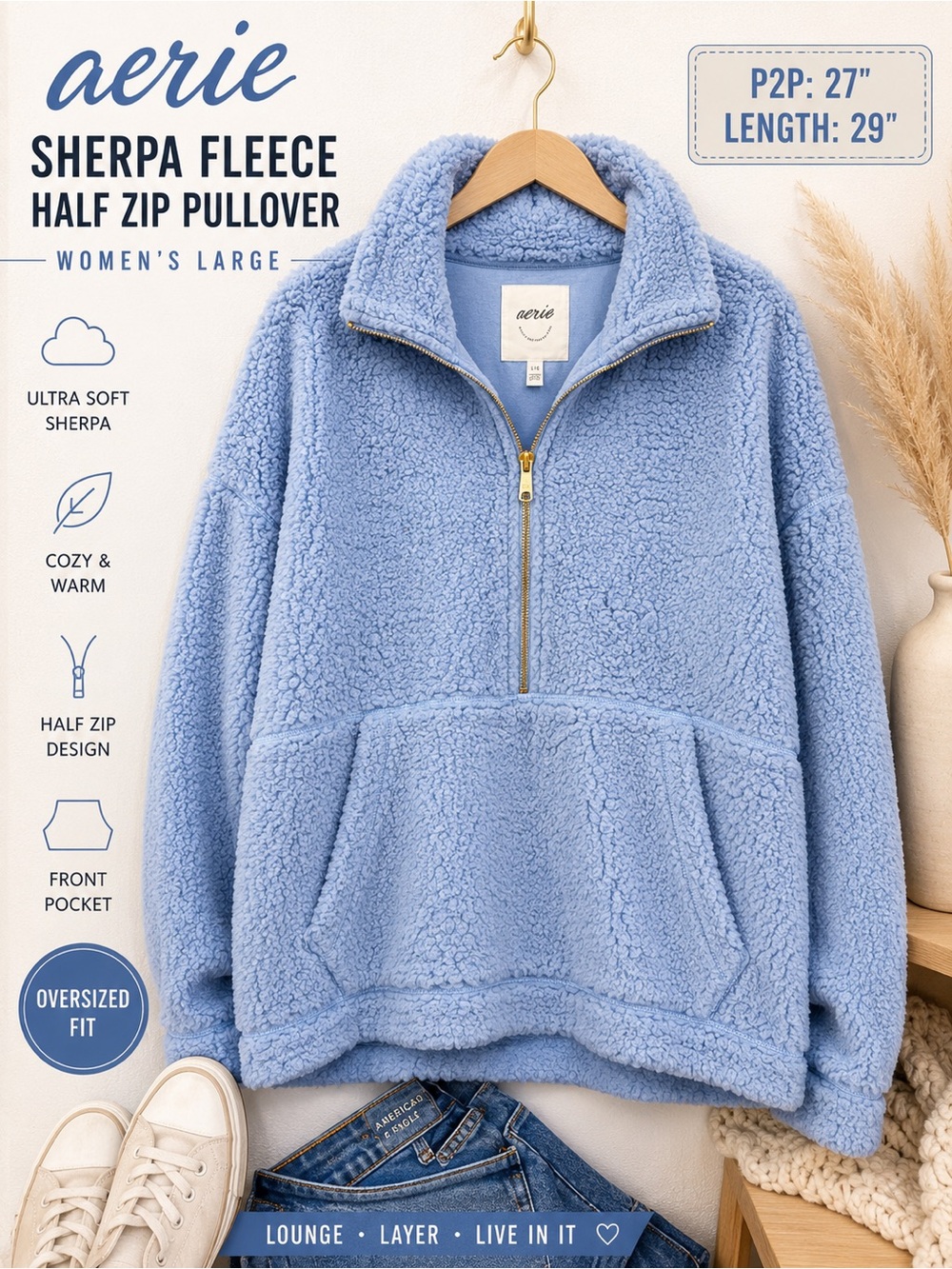 Aerie Sherpa Fleece Half Zip Pullover Women’s Large Blue Oversized Cozy
